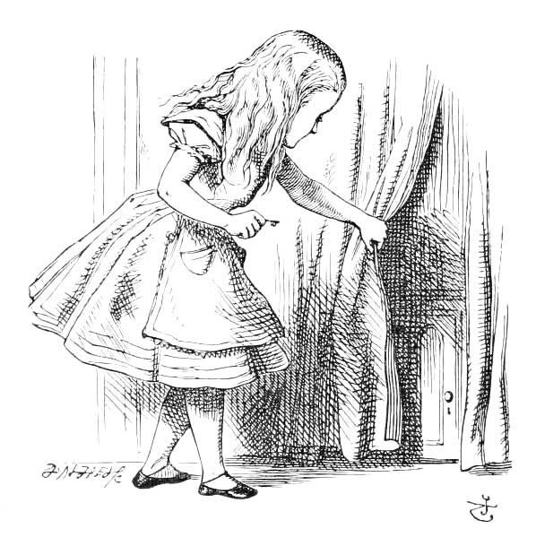 Alice finding tiny door behind curtain